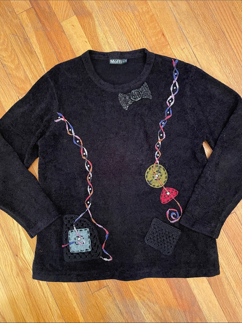 MOFFI Vintage Black Long-Sleeve Embroidered Crochet Accent Cottagecore Sweater